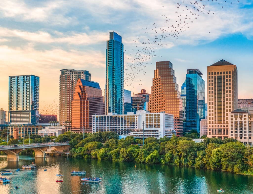 Austin skyline with graffiti bridge over Lady Bird Lake